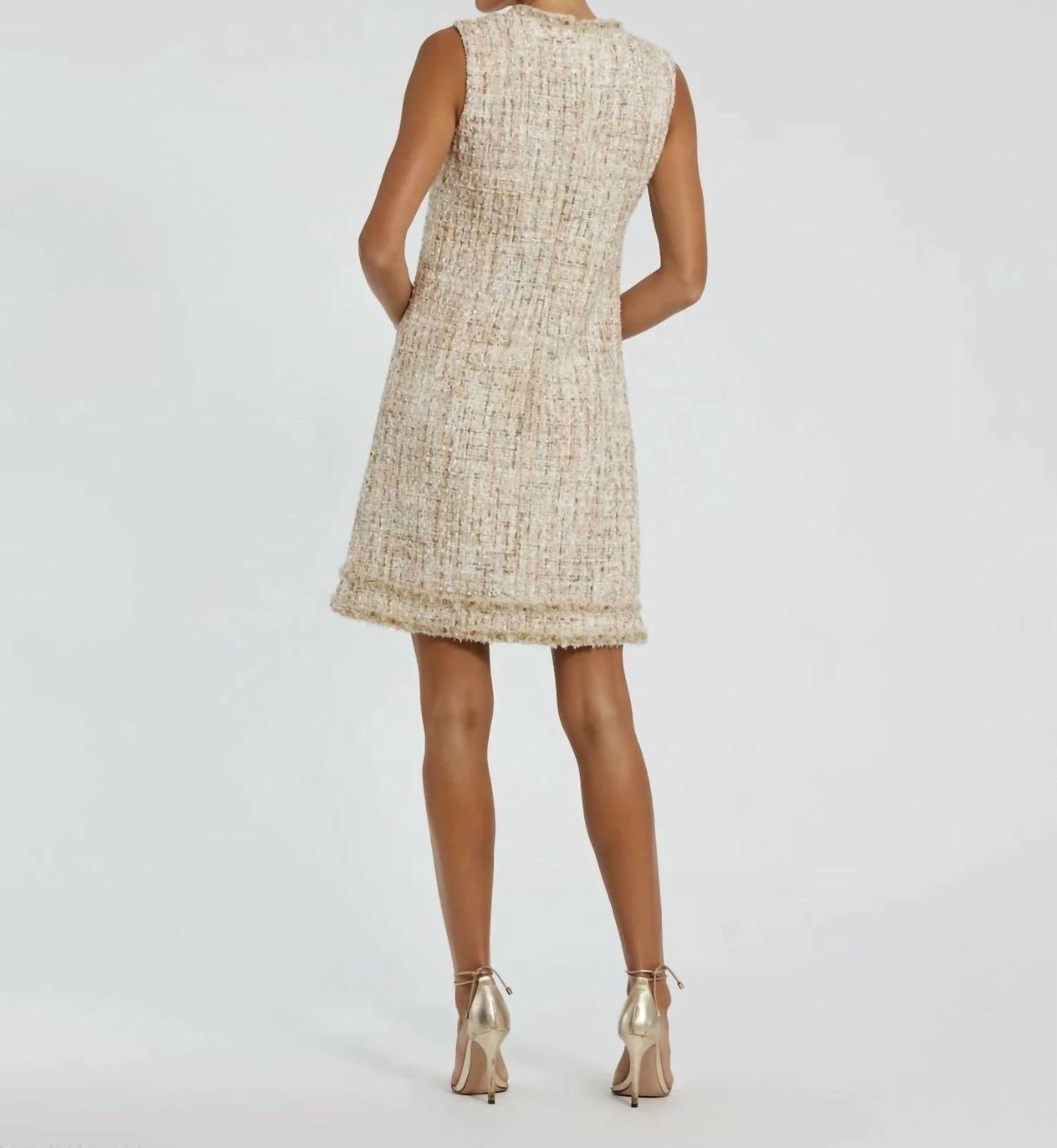 Mac Duggal - Beaded Trim A-line Mini Shift Tweed Dress