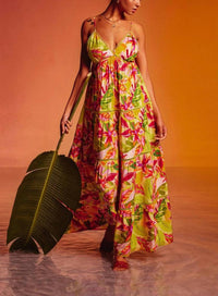 DRESS FORUM Lace Trim Tiered Maxi Dress in lime pink - women's dress - detail view