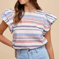 Anniewear - Striped Ruffle Sleeve Top
