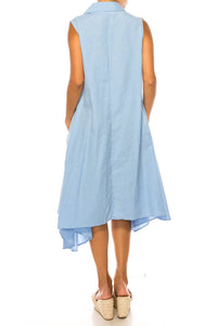 Vivid - Sleeveless Split-neck Uneven Hem Shirt Dress