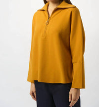 Joseph Ribkoff Zipped Collar 3/4 Sleeves Boxy Sweater Top in medallion - women's sweater - detail view