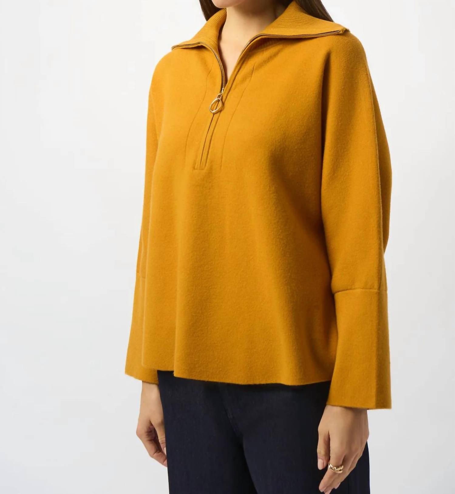 Joseph Ribkoff Zipped Collar 3/4 Sleeves Boxy Sweater Top in medallion - women's sweater - detail view