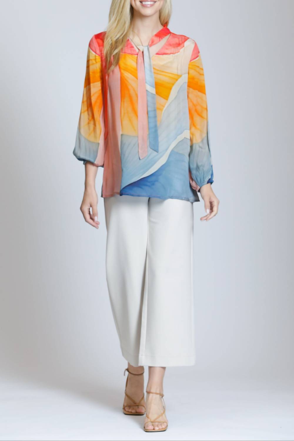 Apny - Long Sleeve Tie-neck Blouse