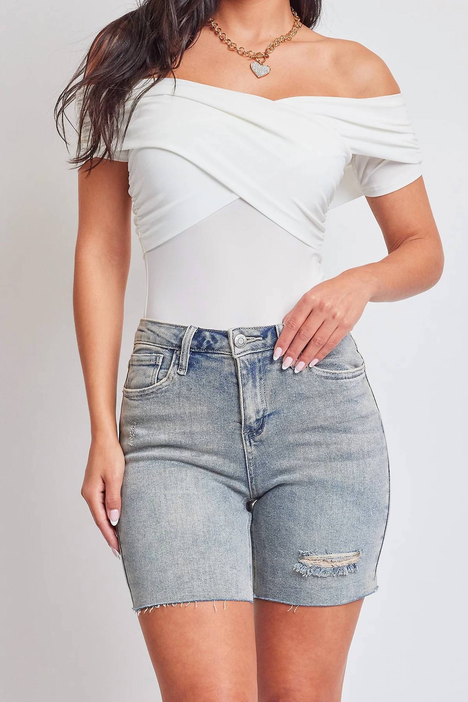 Ymi - High Rise Long Denim Distressed Shorts
