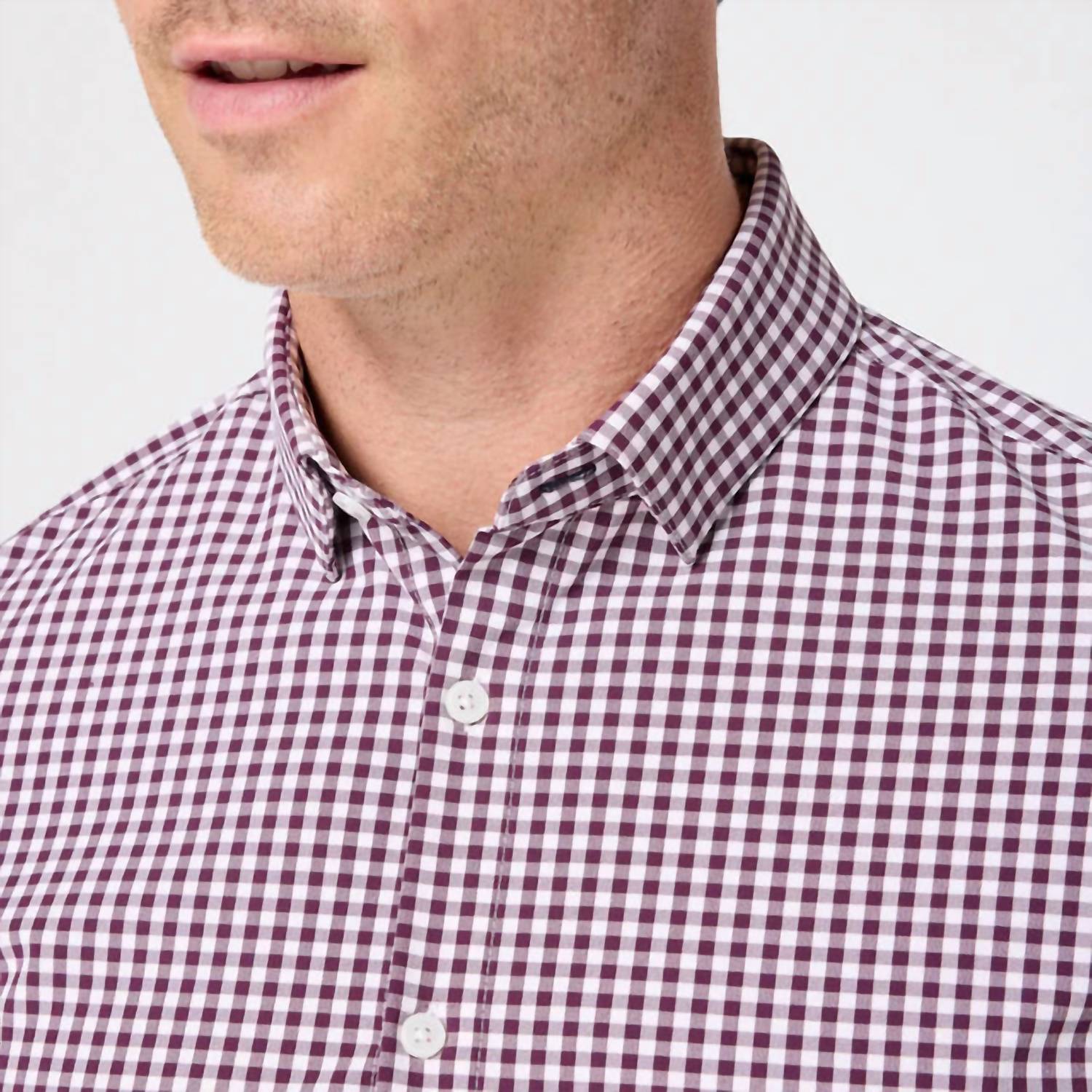 Mizzen + Main Leeward Trim Fit Long Sleeve Dress Shirt in eggplant crew gingham - men's shirt - detail view