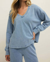 Z Supply Delphine Knit Denim Sweatshirt in blue - women's top - alternate view