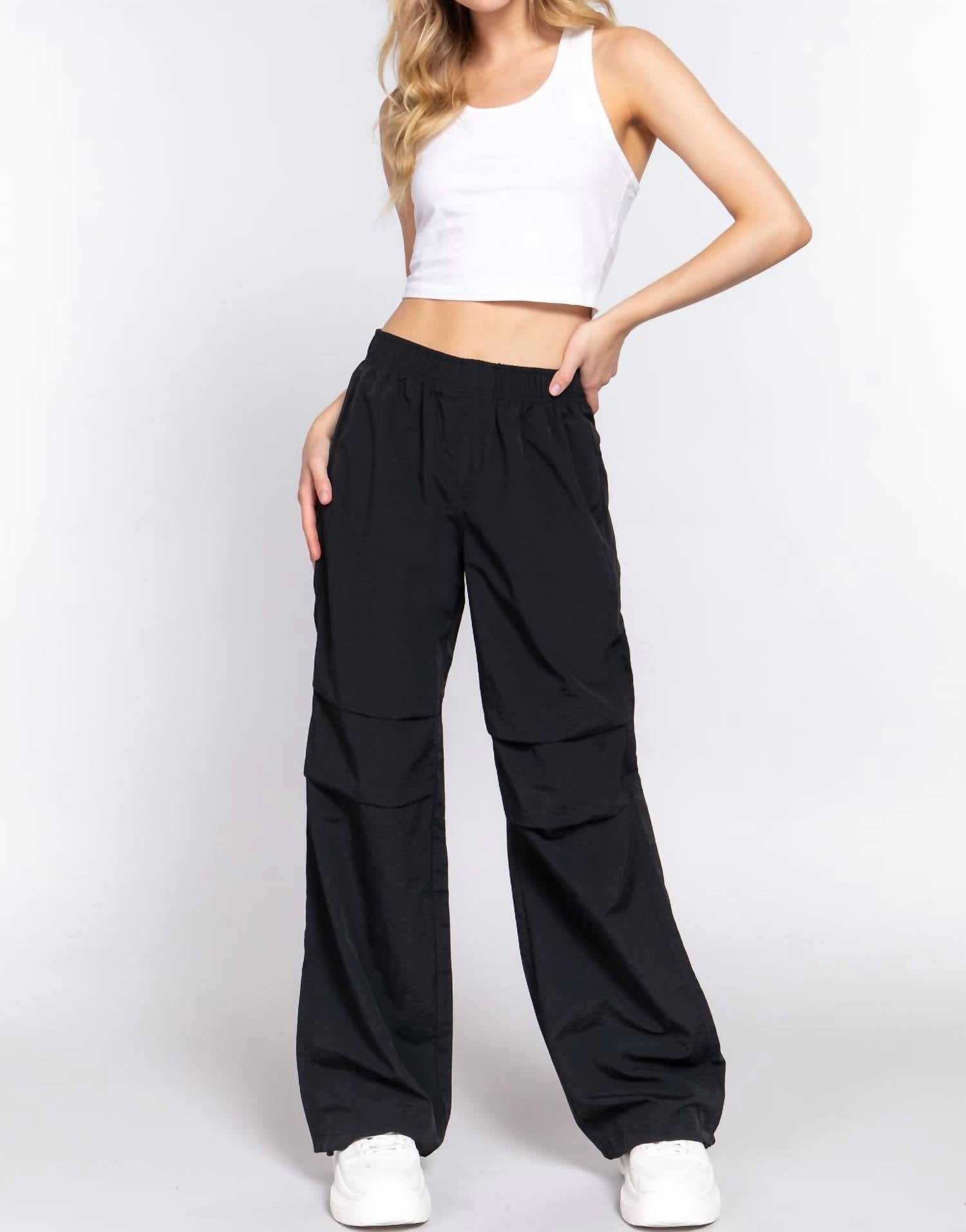 Active Basic Elastice Waist Parachute Pants in black - women's pants