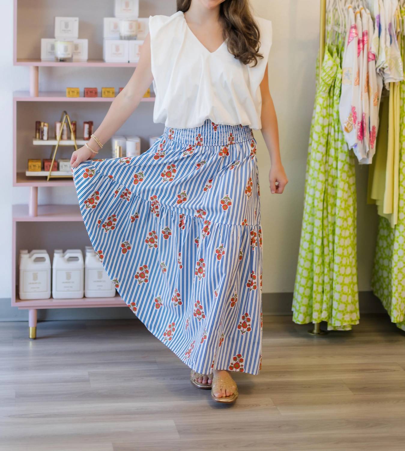 Karlie - Women's Bloom Stripe Floral Smock Tier Maxi Skirt