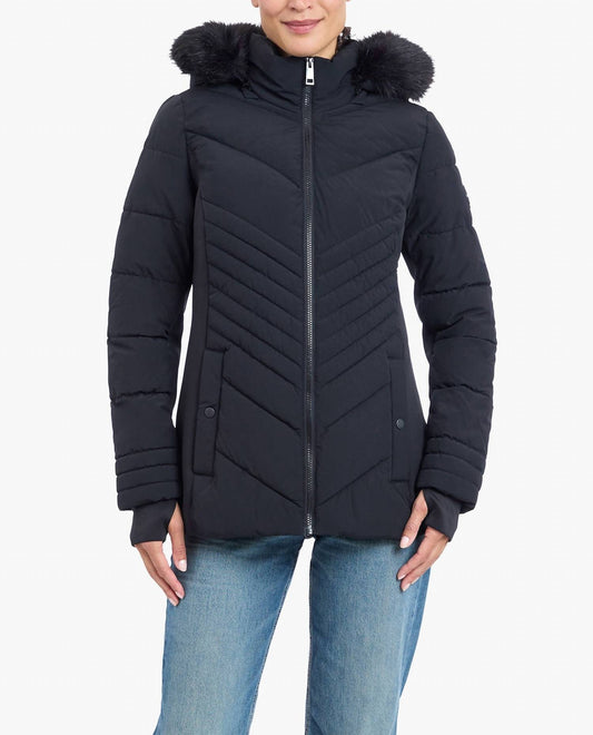 London Fog - Zip-front Puffer Jacket With Removable Faux Fur Trimmed Hood