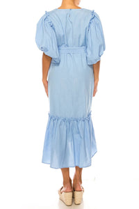 Vivid - Short Puff Sleeve Belted Tiered Skirt Dress