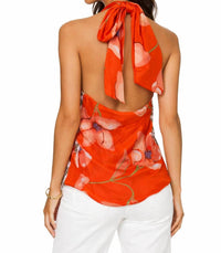Ramy Brook Rosetta Halter Top in guava floral print - women's blouse - detail view