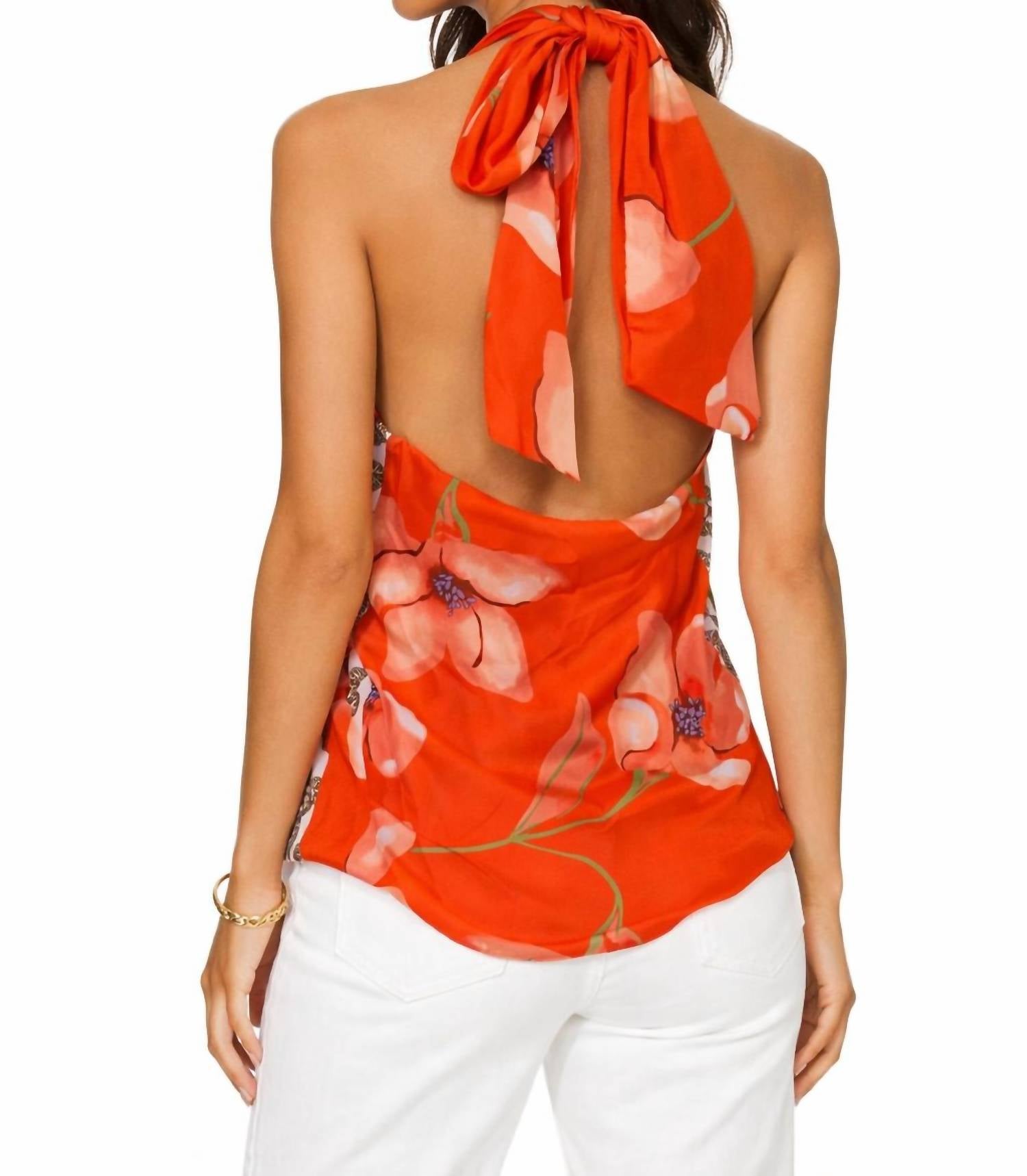 Ramy Brook Rosetta Halter Top in guava floral print - women's blouse - detail view