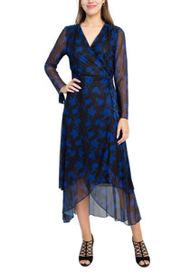 Laundry By Shelli Segal - Surplice V-neck Back Zipper Midi Draped Mesh Dress