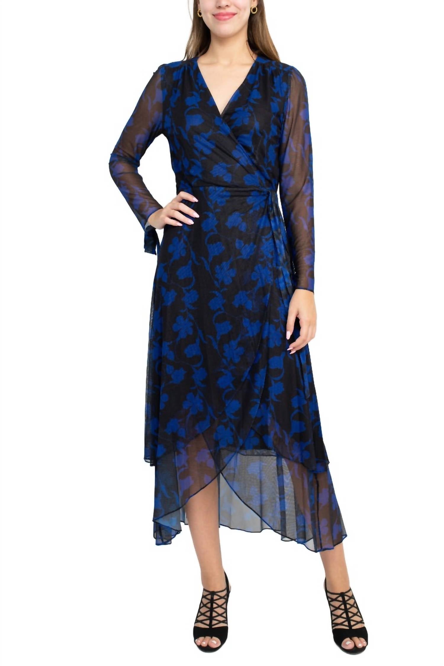Laundry By Shelli Segal - Surplice V-neck Back Zipper Midi Draped Mesh Dress