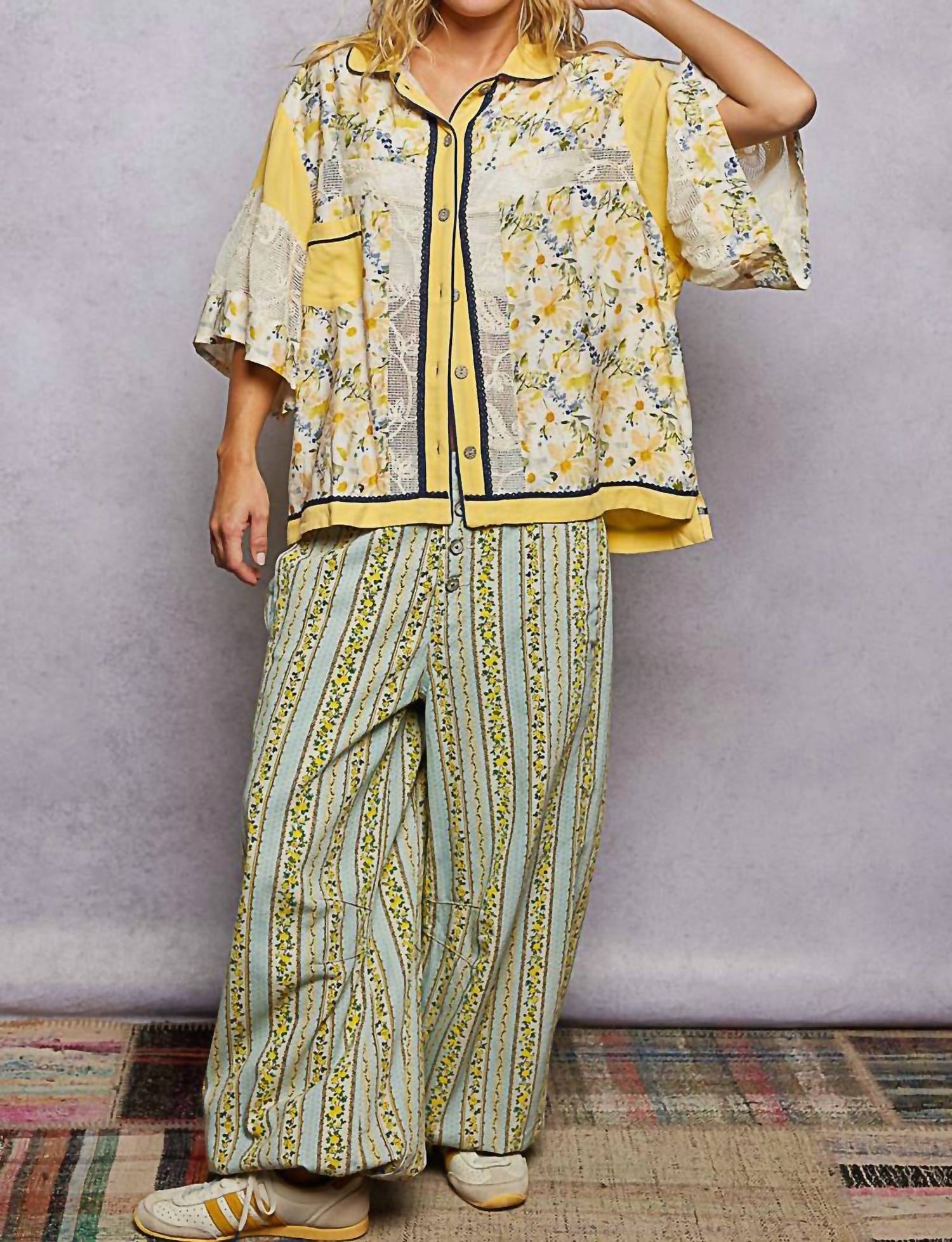 POL Oversized Floral Button Up Top in lemon multi - women's blouse - view 5