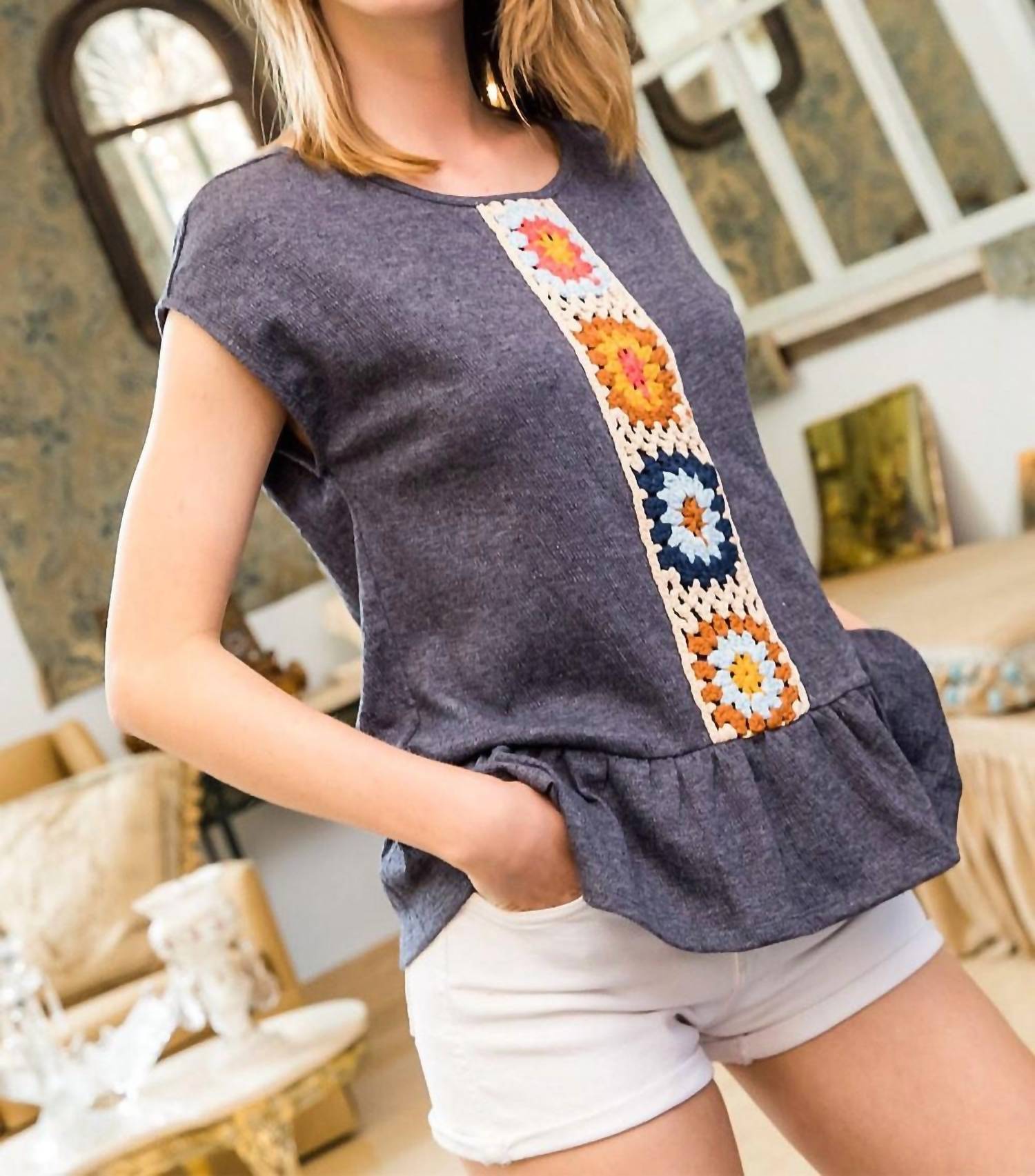 Thml - Keep Looking Up Crochet Peplum Top
