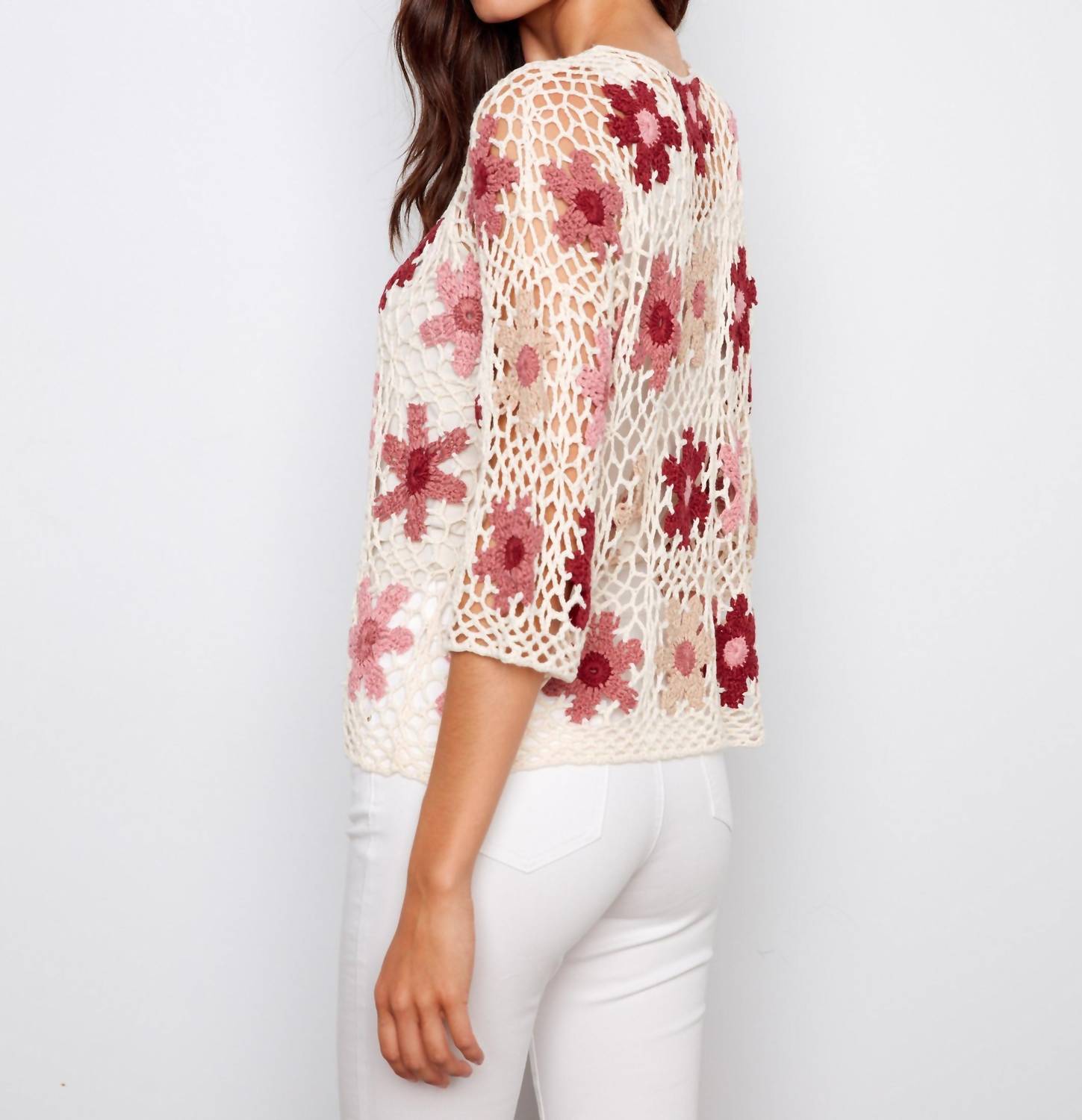 CHARLIE B Floral Crochet Sweater in carnation - women's sweater - detail view