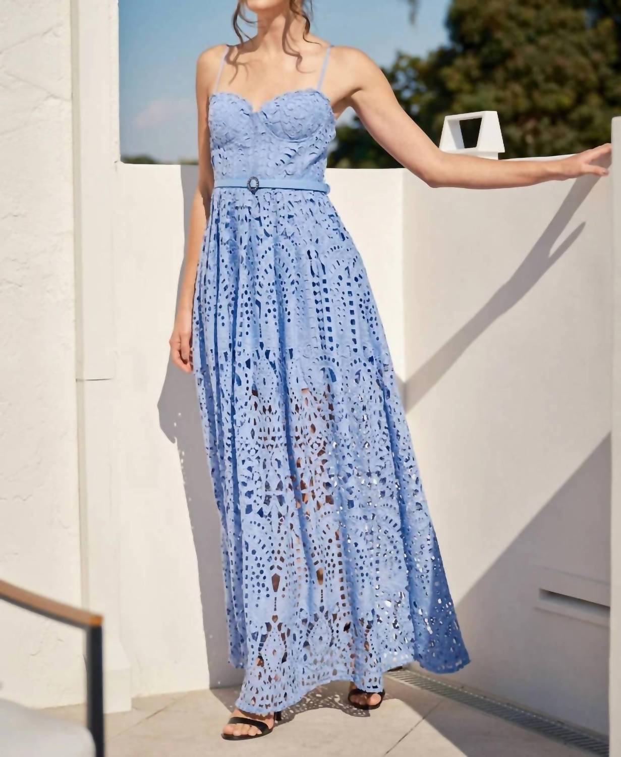Ina Fashion - Belted Eyelet Lace Maxi Dress