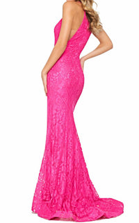 Sherri Hill Beaded Lace Halter Gown in bright pink - women's dress - detail view