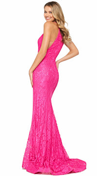 Sherri Hill Beaded Lace Halter Gown in bright pink - women's dress - alternate view