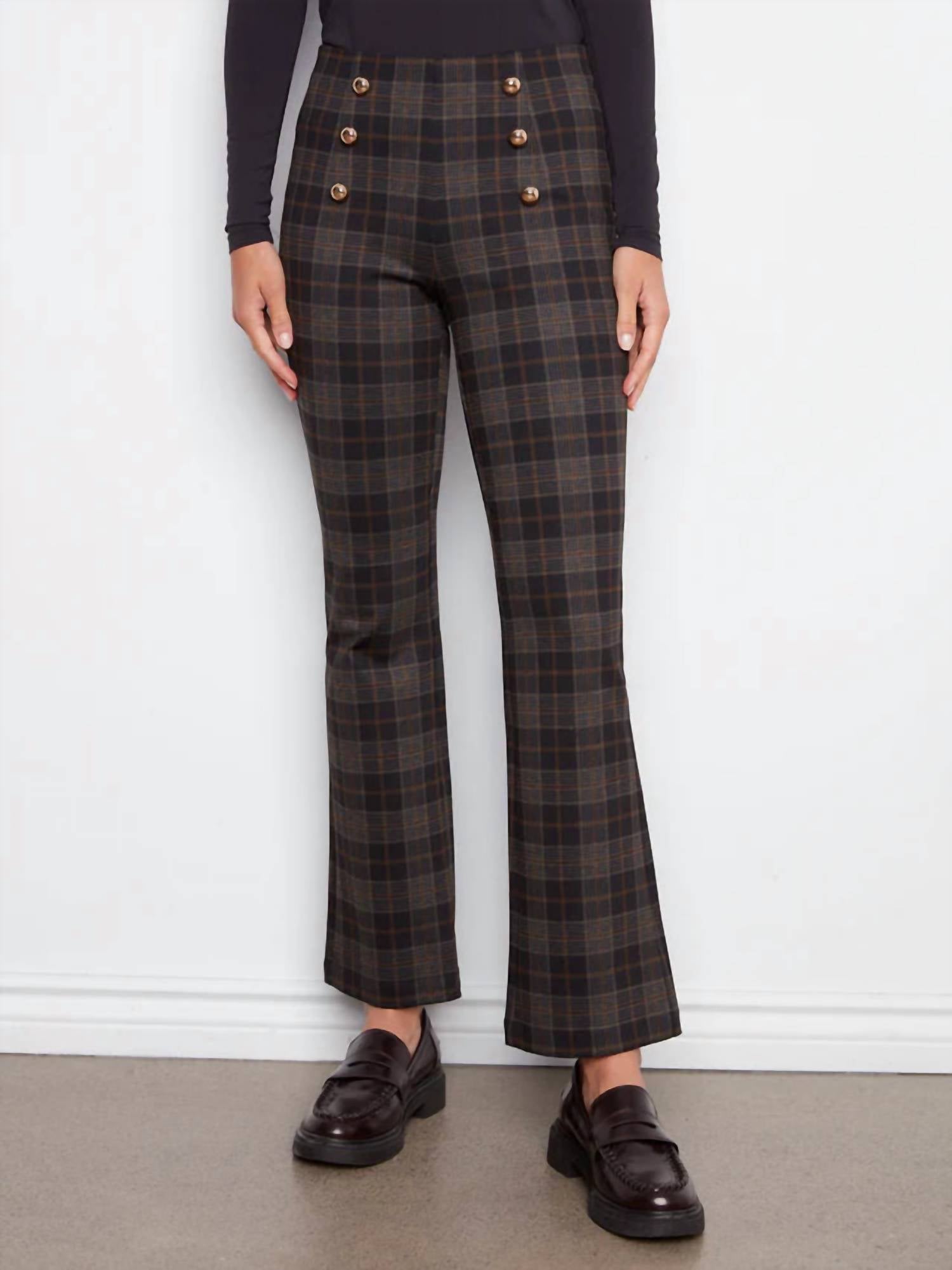 Charlie B - Flare Plaid Pants With Decorative Buttons