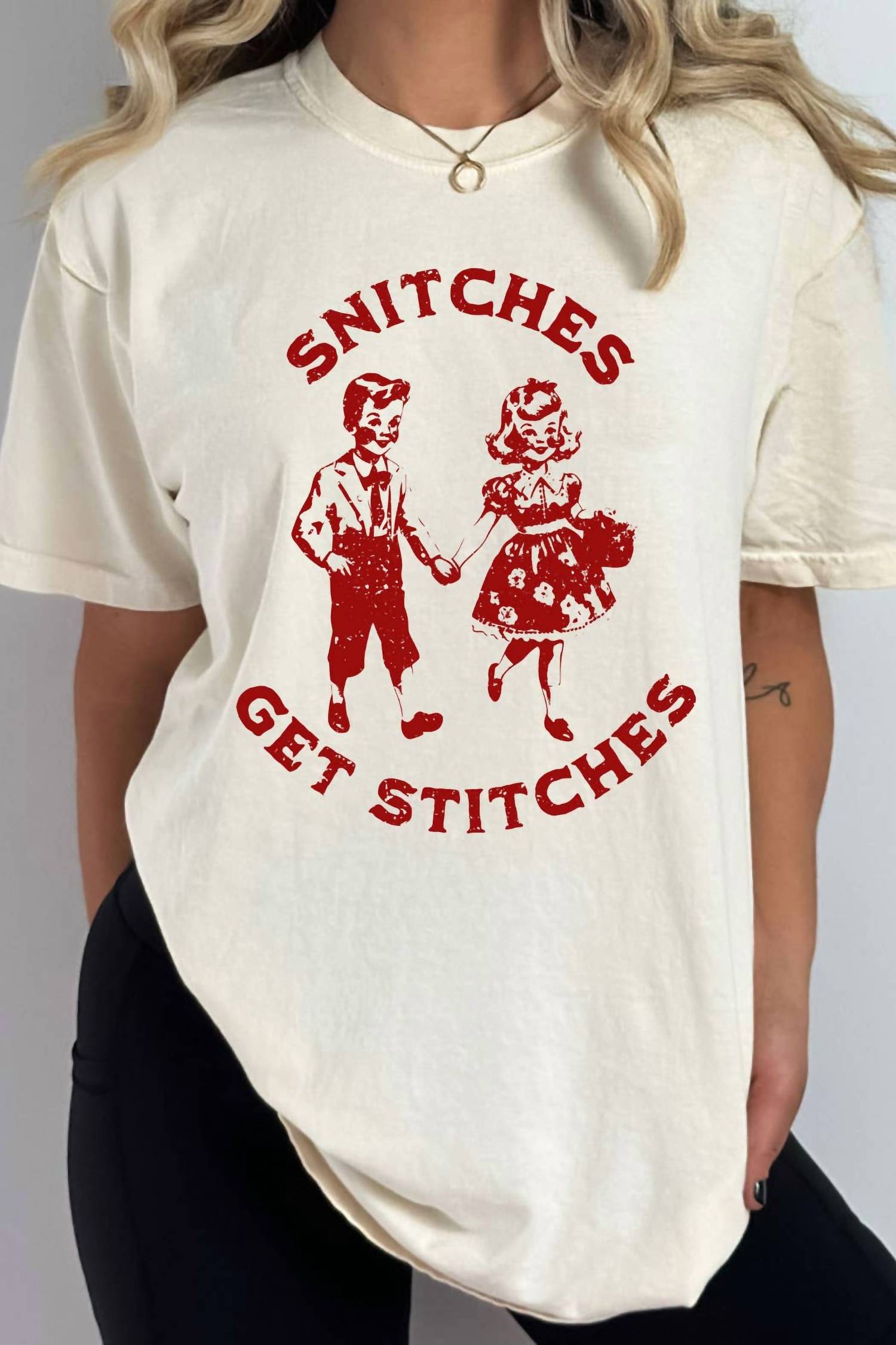 Kissed Apparel Snitches Get Stitches Short Sleeve Tee in cream - women's t-shirt