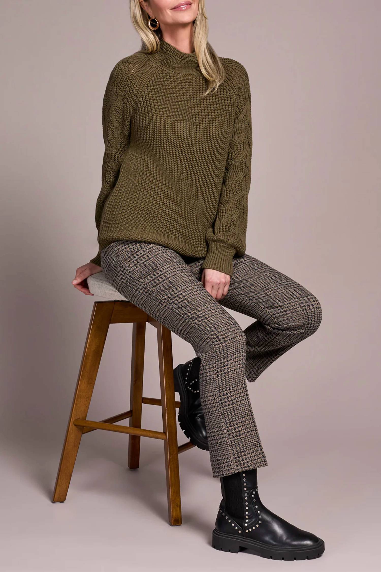 TRIBAL Long Sleeve Cable Mock Neck Sweater in ivy - women's sweater - view 4