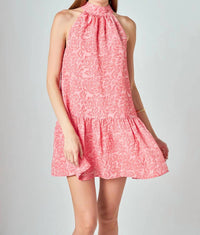 English Factory Jacquard Mock Neck Mini Dress in red pink - women's dress - view 4
