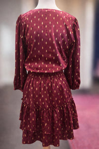 Joy Joy Puff Sleeves V-neck Print Dress in wine - women's dress - detail view