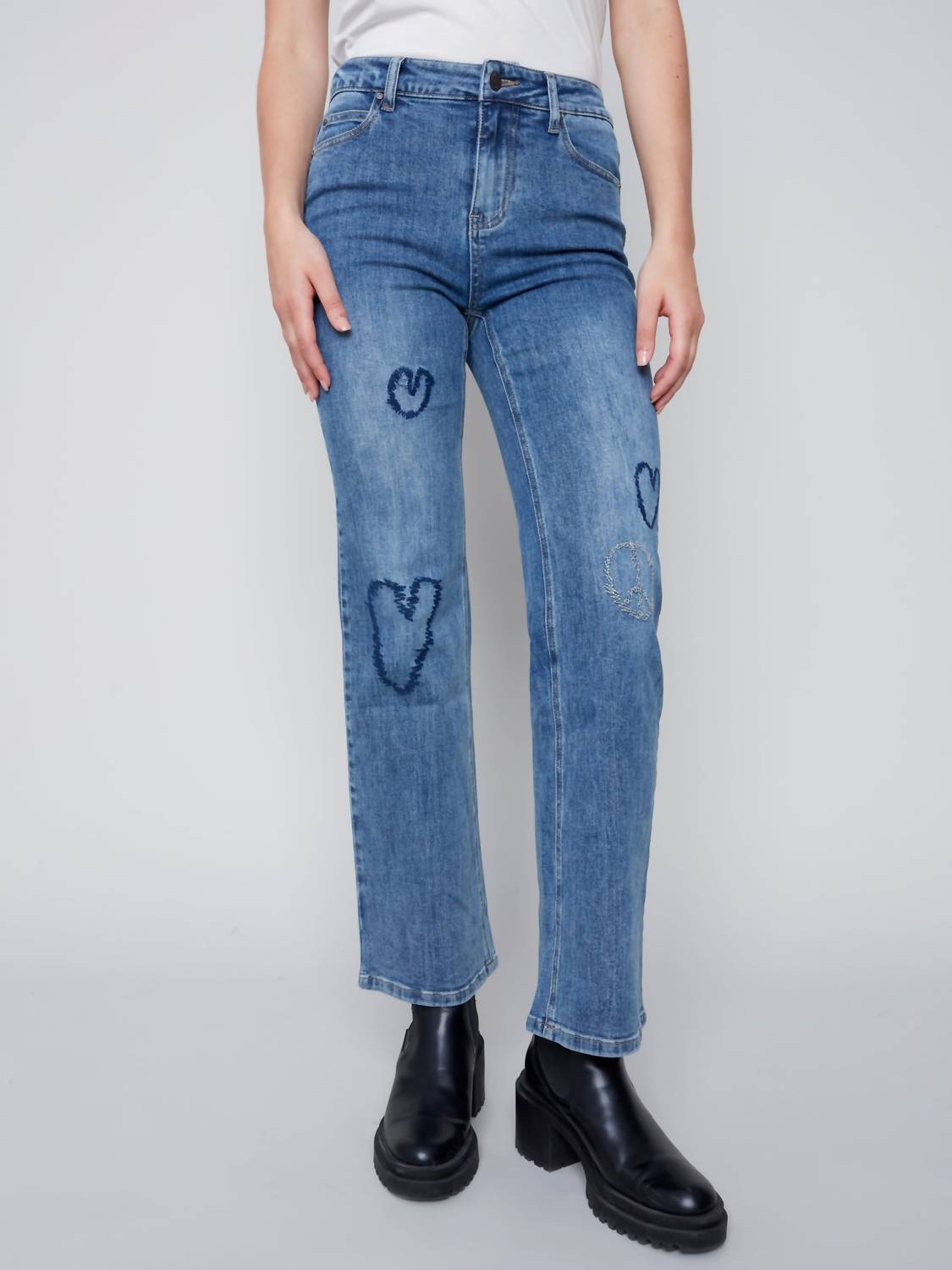 Charlie B - Stretch Straight Leg Heart Print Jean