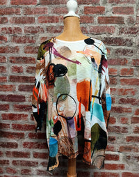 Jess & Jane - Abstract 3/4 Sleeve Chiffon Trim Hem Top
