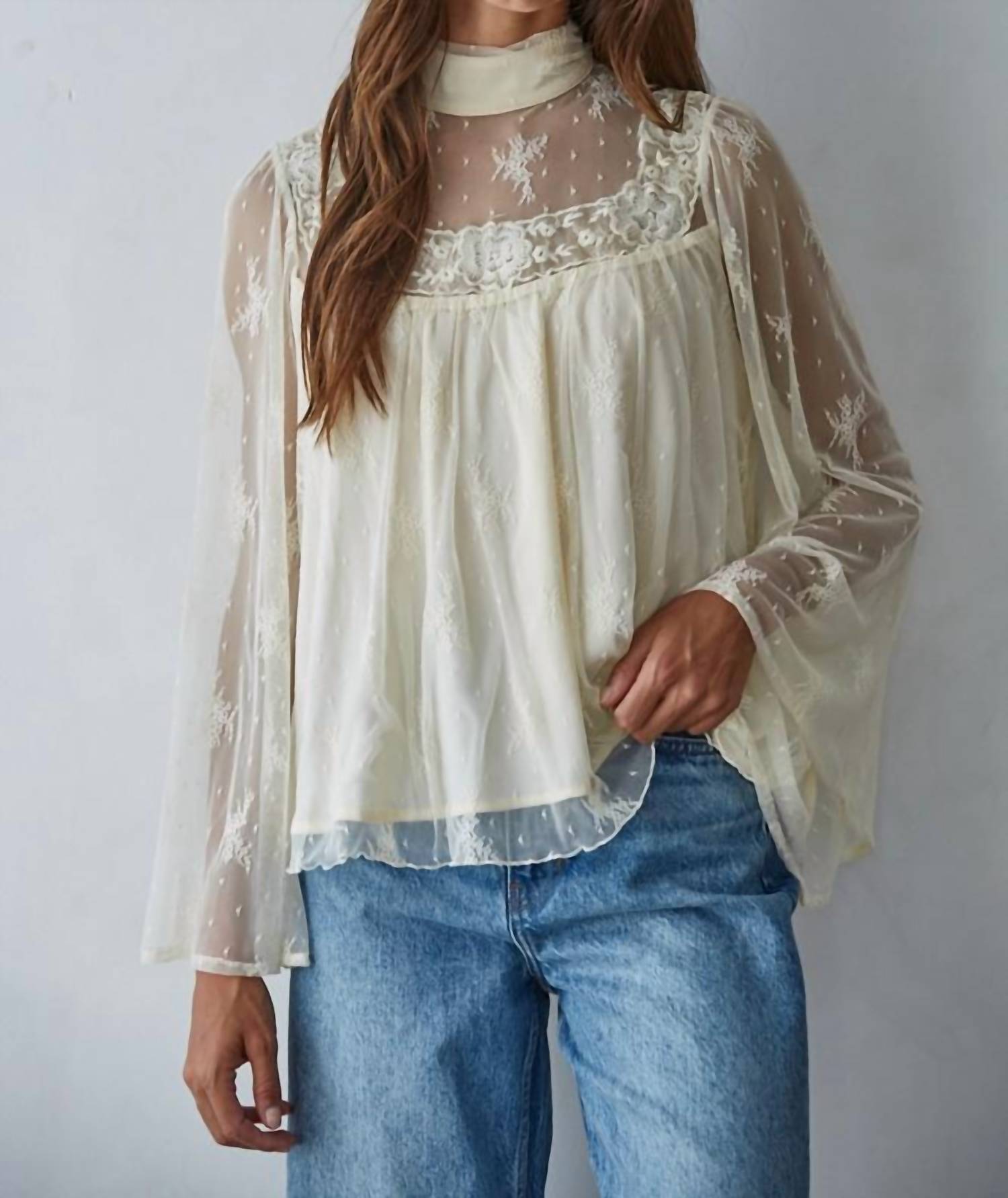 By Together - Lace Mock Neck Bell Sleeve Top