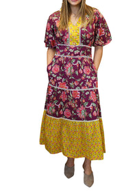 THML Puff Sleeve Floral Tiered Dress in plum multi - women's dress