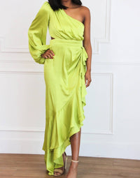 Luxxel - Barcelona One Shoulder Satin Ruffle Maxi Dress