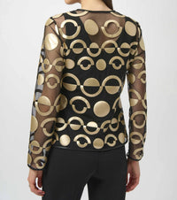 Joseph Ribkoff Mesh and Leatherette Collarless Jacket in black gold - women's jacket - detail view