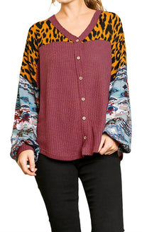 Umgee - Animal & Aztec Waffle Knit Top