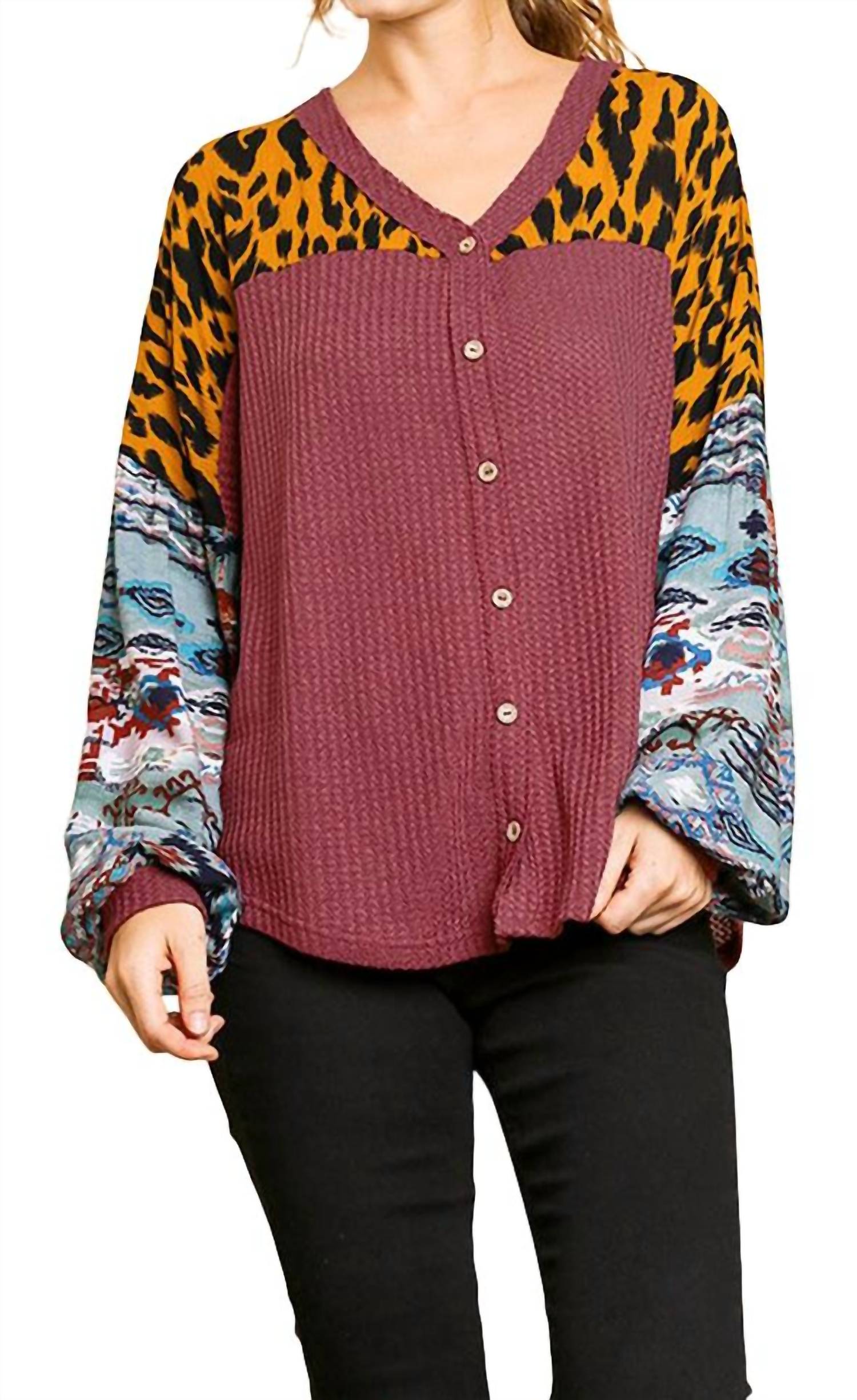 Umgee - Animal & Aztec Waffle Knit Top