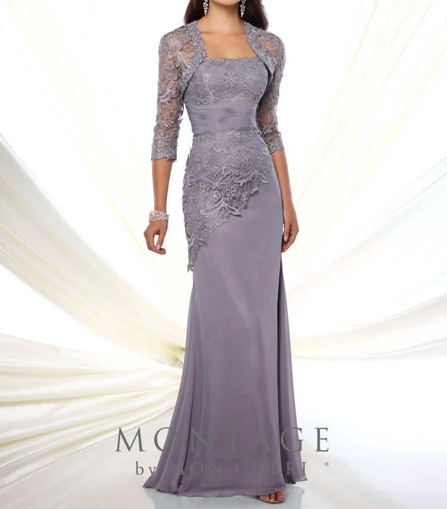 Montage By Mon Cheri - Two-piece chiffon and Venise lace dress set
