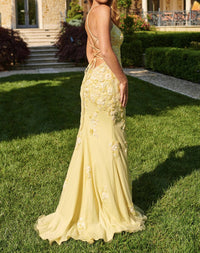 Faviana - Floral Beaded Appliqué V-neck Maxi Dress