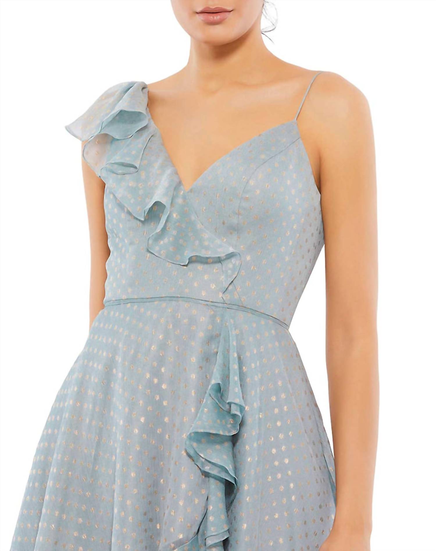 Mac Duggal - Metallic Polka Dot Faux Wrap Dress