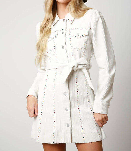Peach Love - Corduroy Rhinestone Belted Dress