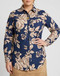 OLIVACEOUS Larson Button Down Blouse in navy tan - women's blouse