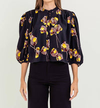 Bel Kazan Tabitha Cropped Blouse in black aralia floral - women's blouse