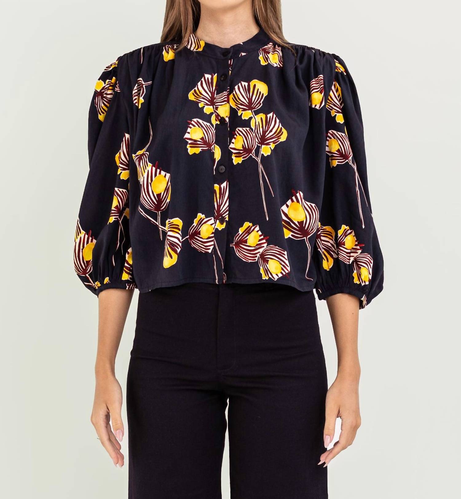 Bel Kazan Tabitha Cropped Blouse in black aralia floral - women's blouse