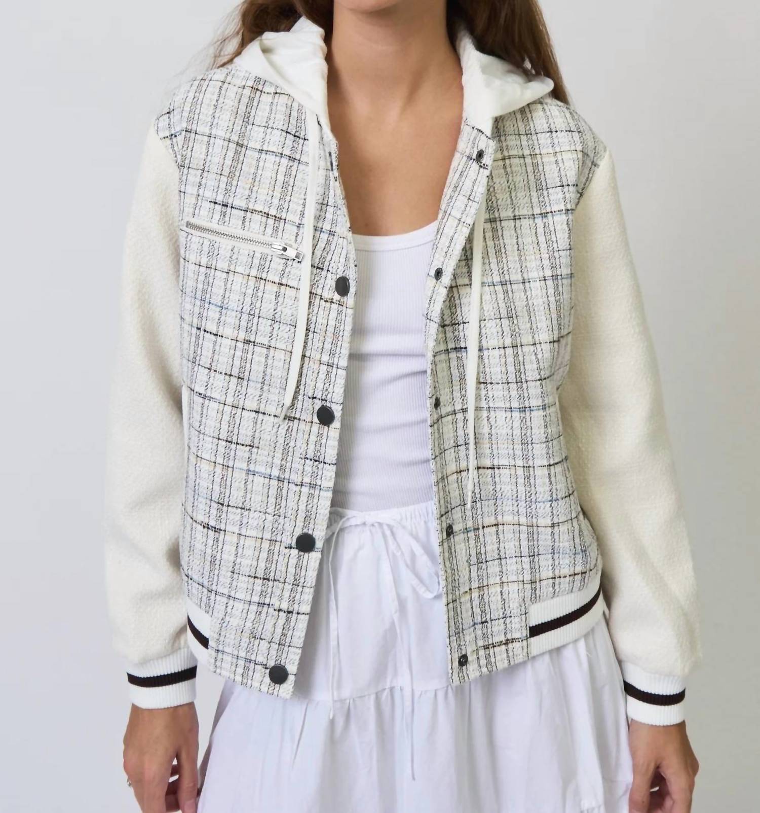 Central Park West Logan Tweed Bomber in white - women's jacket