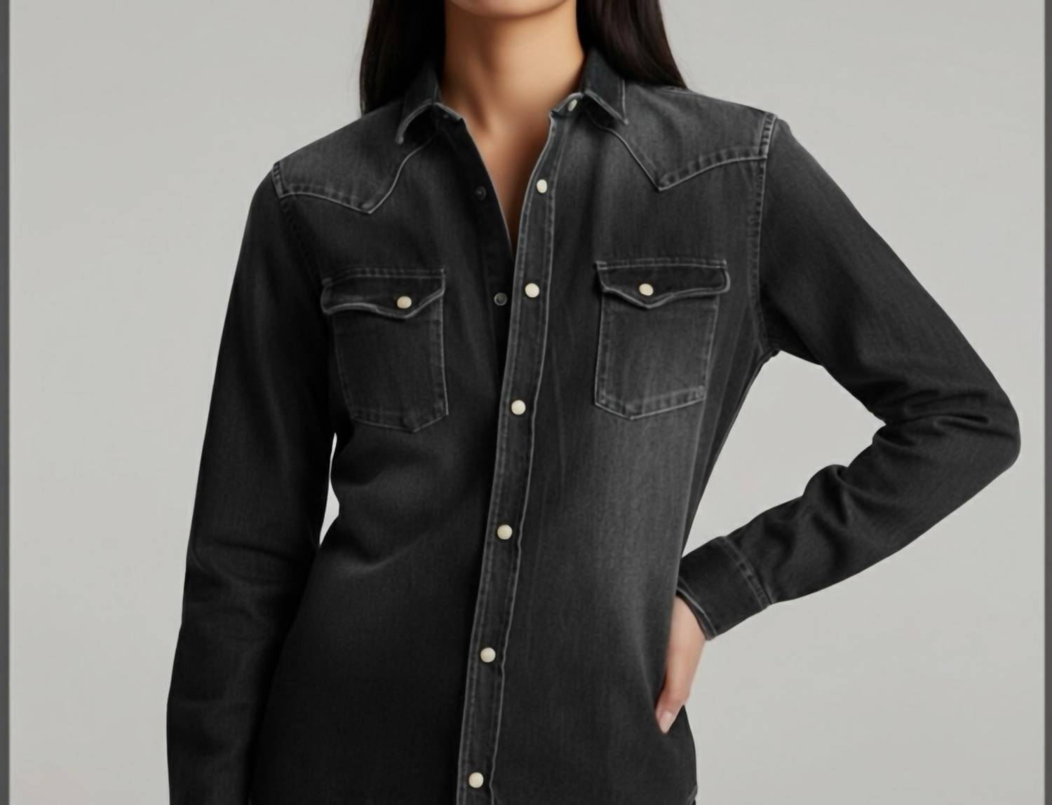 THE KOOPLES Denim Button Up in washed grey - women's long sleeve top - view 4