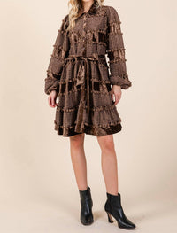 GEEGEE Velvet Grid Pom-Pom Dress in brown - women's dress - alternate view