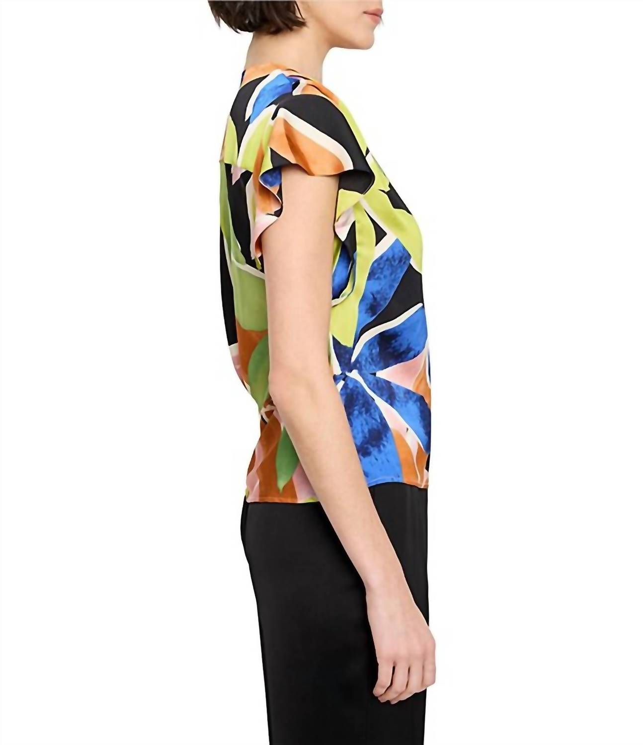 Nic + Zoe Women's Mega Blooms Flutter Woven Top in green multi - women's blouse - alternate view