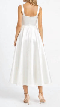 MAC DUGGAL Satin Tea Length A-line Dress in white - women's dress - detail view