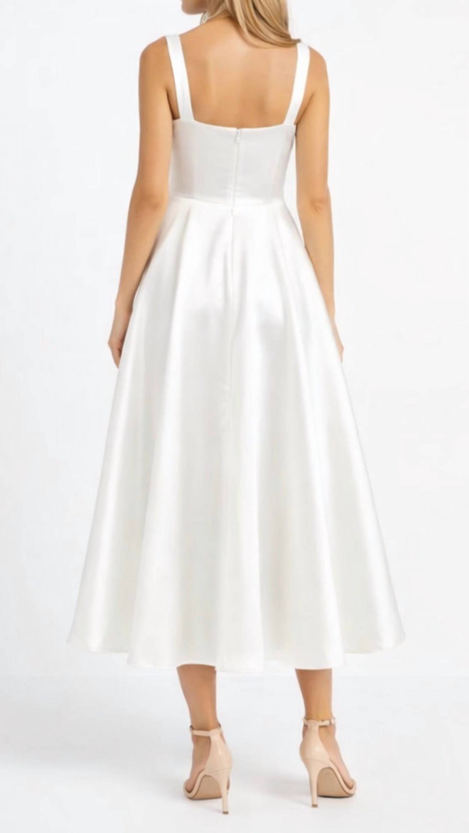 MAC DUGGAL Satin Tea Length A-line Dress in white - women's dress - detail view